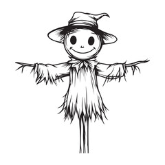 Scary halloween scarecrow silhouette vector for decoration editable vector Line art illustration of a scarecrow with a menacing carved pumpkin face, wearing patched clothing and a hat. 