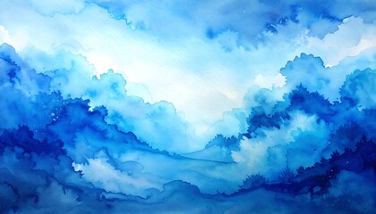 Abstract watercolor illustration of fluffy clouds with vibrant blue hues