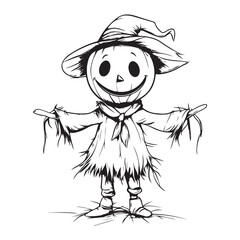 Scary halloween scarecrow silhouette vector for decoration editable vector Line art illustration of a scarecrow with a menacing carved pumpkin face, wearing patched clothing and a hat. 