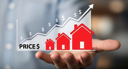 Hand presenting a rising graph with houses and dollar signs indicating real estate price increase and property investment