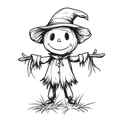 Scary halloween scarecrow silhouette vector for decoration editable vector Line art illustration of a scarecrow with a menacing carved pumpkin face, wearing patched clothing and a hat. 