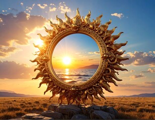 Gilded sun-shaped frame showcasing a sunset over the ocean and mountains