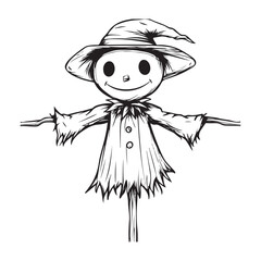 Scary halloween scarecrow silhouette vector for decoration editable vector Line art illustration of a scarecrow with a menacing carved pumpkin face, wearing patched clothing and a hat. 