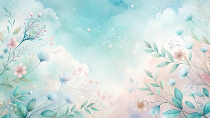 Dreamy Pastel Floral Composition with a Soft Sky Background Featuring Delicate Watercolor Flowers and Lush Greenery