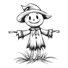 Scary halloween scarecrow silhouette vector for decoration editable vector Line art illustration of a scarecrow with a menacing carved pumpkin face, wearing patched clothing and a hat. 