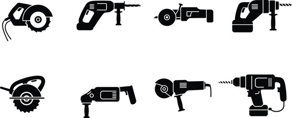  Power tool silhouette set, drill and saw icons, black vector illustration, construction equipment graphics, DIY tool visuals, industrial hand tool symbols