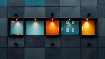 Creative architecture different colors &mdash; blue, orange, yellow &mdash; on a dark modern wall. Minimalist and futuristic style ideal for concepts of technology, innovation, and smart buildings