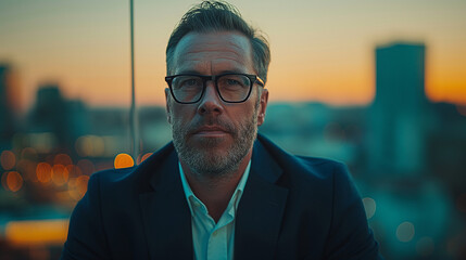 Portrait of a mature businessman contemplating with the city skyline at sunset in the background, symbolizing vision, leadership, and modern ambition.