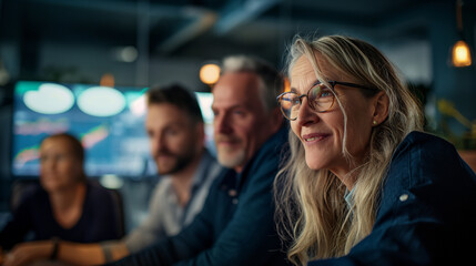 Diverse team of mature professionals collaborating in a modern office focused on strategy, innovation, and teamwork.