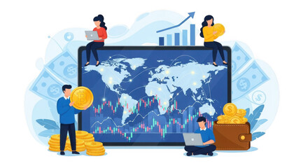 Global financial investment and online trading with people analyzing stock market data on tablet isolated on transparent background