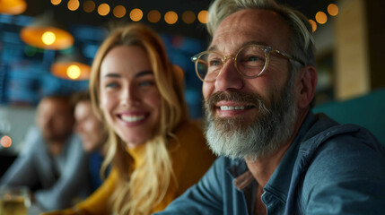 Relaxed workgroup meeting. After-hours concept at a bar. Business conversation in a friendly setting.