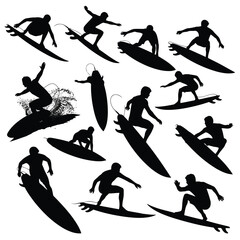 Vector art of silhouettes of surfers riding waves and standing on surfboards, capturing the dynamic action and energy of surfing, isolated on a