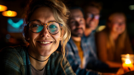 Confident businesswoman smiling with her team in a modern workspace, representing positivity, teamwork, and innovation.