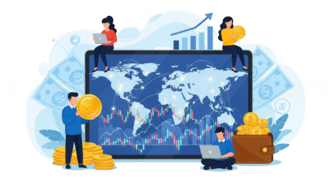 Global financial investment and online trading with people analyzing stock market data on tablet isolated on transparent background