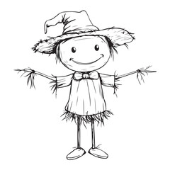 Scary halloween scarecrow silhouette vector for decoration editable vector Line art illustration of a scarecrow with a menacing carved pumpkin face, wearing patched clothing and a hat. 