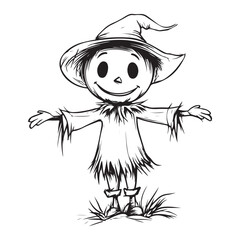 Scary halloween scarecrow silhouette vector for decoration editable vector Line art illustration of a scarecrow with a menacing carved pumpkin face, wearing patched clothing and a hat. 