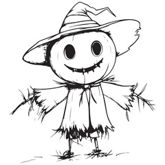 Scary halloween scarecrow silhouette vector for decoration editable vector Line art illustration of a scarecrow with a menacing carved pumpkin face, wearing patched clothing and a hat. 