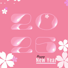 pink and white happy new year 2025 design with glossy bubble numbers and sakura flowers