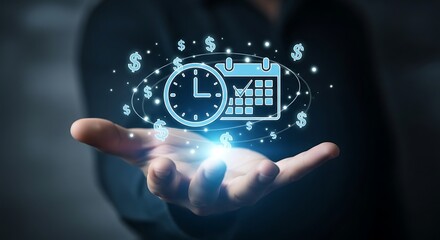 Open palm holding a glowing digital icon of a clock and calendar surrounded by dollar signs