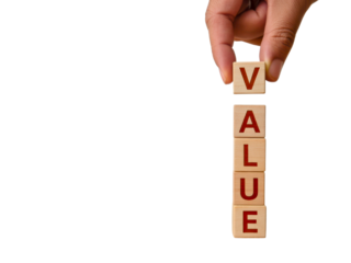 Hand placing wooden block with letter v to complete the word value on transparent background