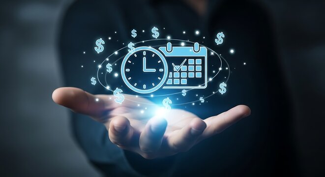 Open palm holding a glowing digital icon of a clock and calendar surrounded by dollar signs