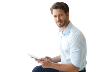 Man holding tablet computer isolated on transparent background