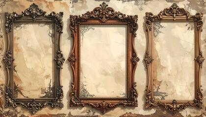 Three Ornate Frames on Textured Wall - Vintage Decor.