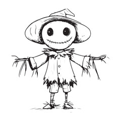 Scary halloween scarecrow silhouette vector for decoration editable vector Line art illustration of a scarecrow with a menacing carved pumpkin face, wearing patched clothing and a hat. 