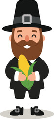 cute cartoon pilgrim man with pose holding corn in both hands