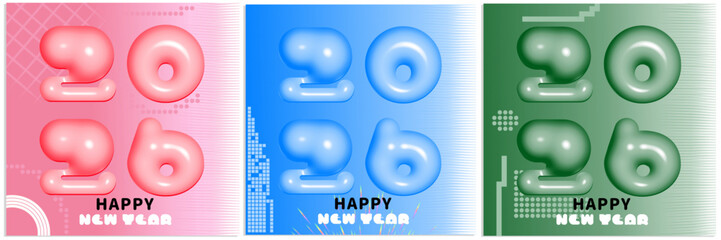 colorful 2026 happy new year graphic designs in pink, blue, and green