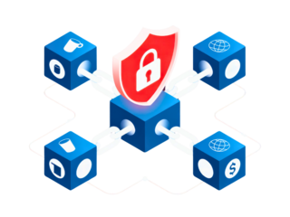 Isometric blockchain network with shield and padlock security concept on transparent background