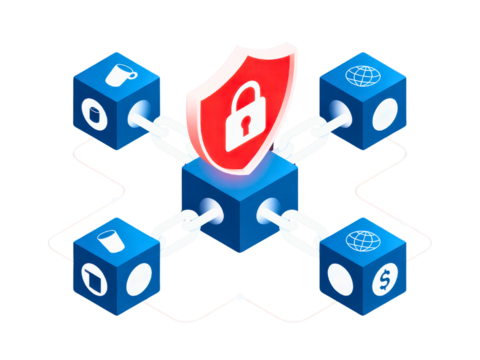 Isometric blockchain network with shield and padlock security concept on transparent background - Powered by Adobe