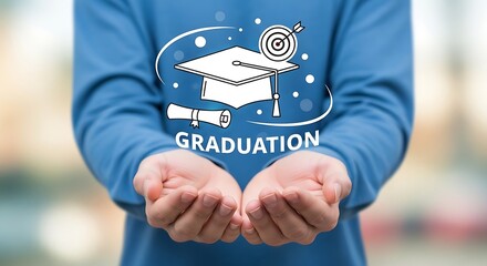 Person holding graduation cap and diploma with target and achievement symbols education success