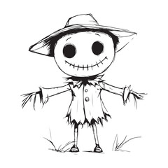 Scary halloween scarecrow silhouette vector for decoration editable vector Line art illustration of a scarecrow with a menacing carved pumpkin face, wearing patched clothing and a hat. 