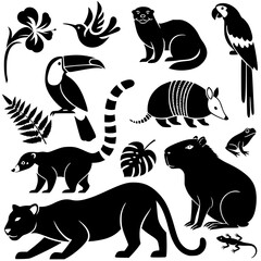Naklejka premium Amazon Jungle Silhouettes, Minimalist South American Wildlife, Tropical Silhouettes