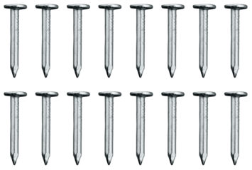 Nails construction Heap of metal nails on white background Set of realistic nails straight hammered into wall with pin heads. Metal hardware spikes or hobnails Nails hammered into wall, steel