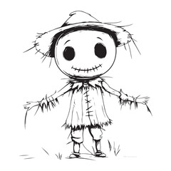 Scary halloween scarecrow silhouette vector for decoration editable vector Line art illustration of a scarecrow with a menacing carved pumpkin face, wearing patched clothing and a hat. 