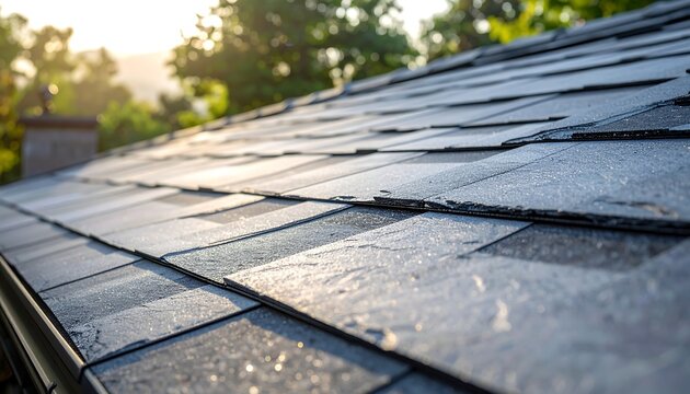 Close-up of a shingled roof with morning sunlight and a blurred background