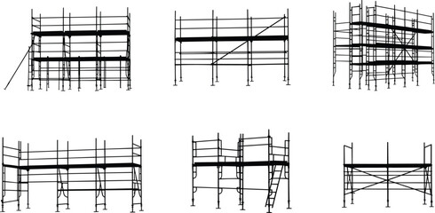  Scaffolding structure silhouette, construction platform icon, industrial support frame vector, building maintenance equipment, safety railing illustration, black and white scaffold graphic