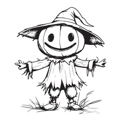 Scary halloween scarecrow silhouette vector for decoration editable vector Line art illustration of a scarecrow with a menacing carved pumpkin face, wearing patched clothing and a hat. 