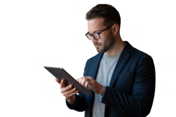 Man in suit using tablet isolated on transparent background
