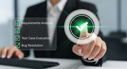 Person's finger touching a glowing green checkmark on a digital interface with a checklist task