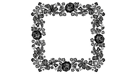 Ornate black floral frame with roses and small blossoms on a white background