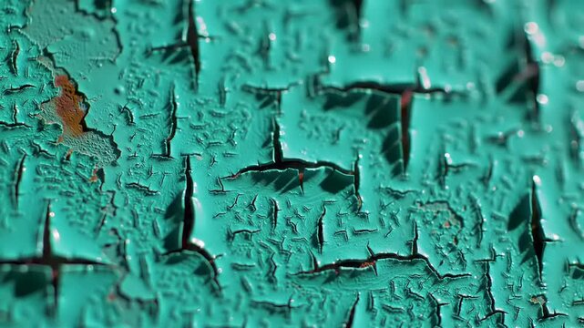 Close up of weathered teal paint texture with cracks and abstract patterns
