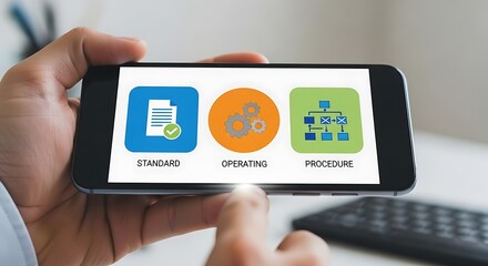 Smartphone Displaying Icons for Standard Operating Procedure with Finger Interaction image photo