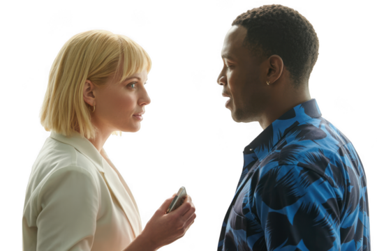 Woman and man looking at each other isolated on transparent background