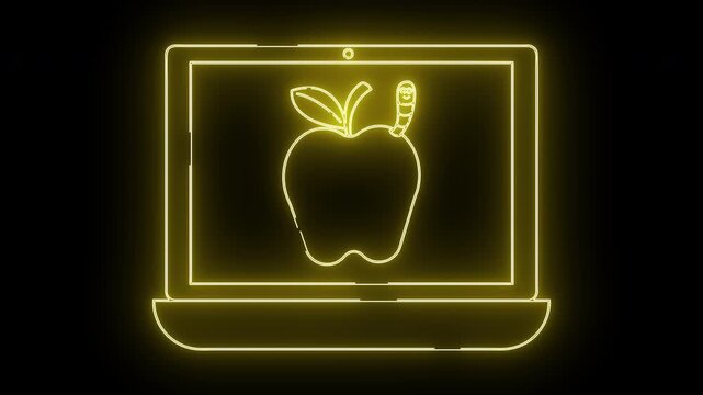 Yellow neon laptop outline shows an apple with a worm on its screen against a black background