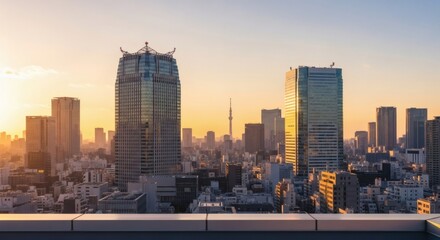 Obraz premium Expansive urban cityscape view from a rooftop during a beautiful golden hour sunset with modern skyscrapers and a towering landmark