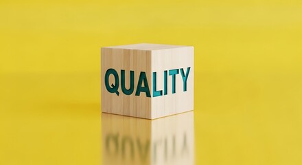 Wooden cube with the word QUALITY carved in teal letters on a bright yellow background with reflection