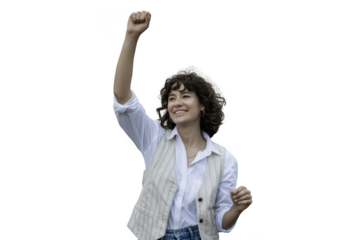 Woman raising her fist in victory isolated on transparent background